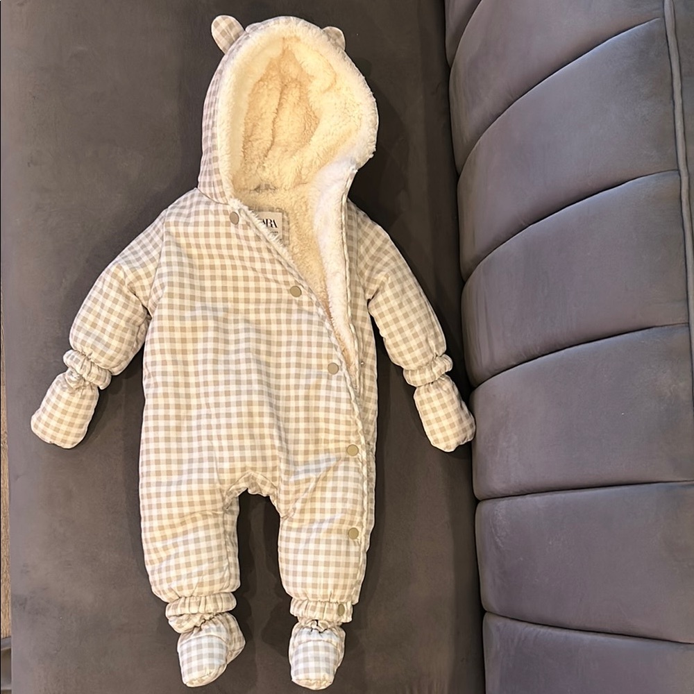Zara Cream Footies One Piece with Sherpa Hood